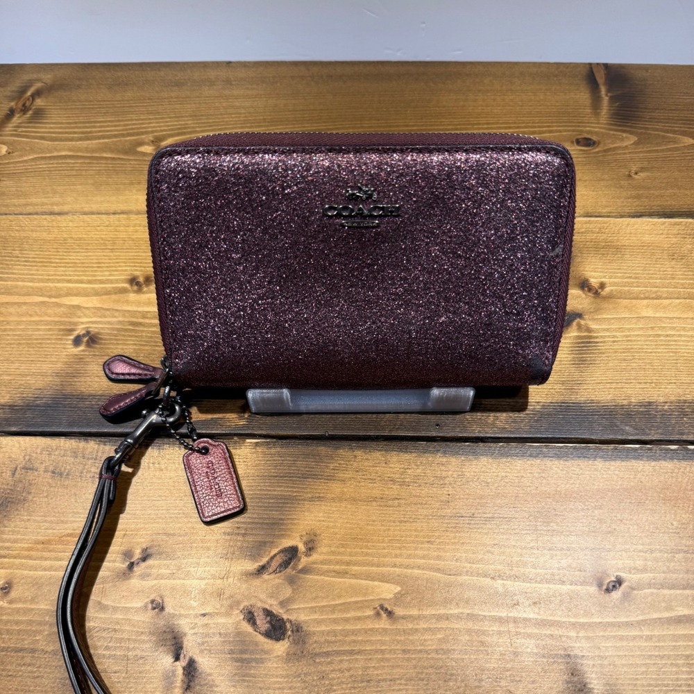 Coach Glitter Accordion Zip Wallet Wristlet Metallic Burgundy Sparkle Leather